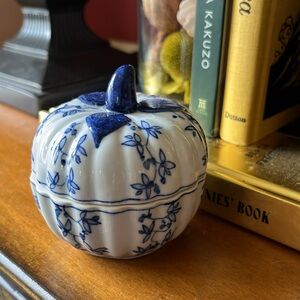 Blue and White China Pumpkin lidded trinket box or candle holder